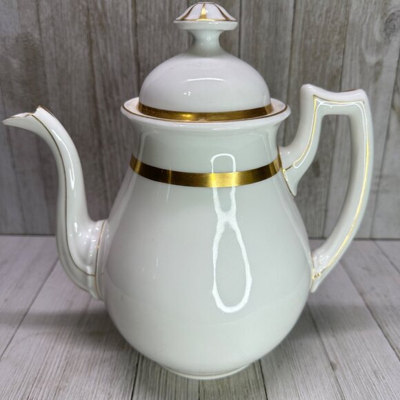 Vtg B&D Porcelain White Tea Pot with Gold Accents Handle Spout Lid 10" Tall - Picture 5 of 15